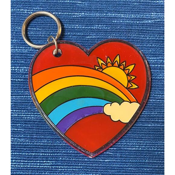 Vintage 1980’s Heart Rainbow Keychain Mirror 1B - Picture 1 of 2